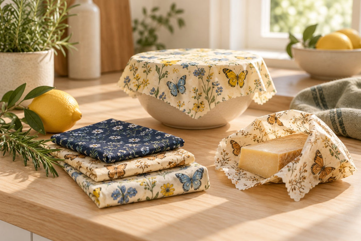 Folded beeswax wraps, one over a bowl and one around a piece of cheese