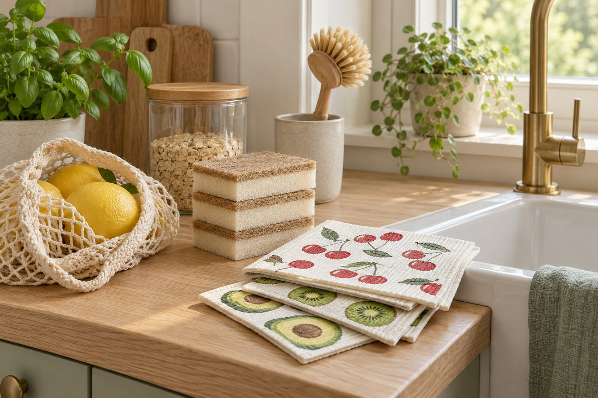 Zero-waste sink corner with compostable sponges, Swedish dishcloths, a mesh produce bag and a glass jar