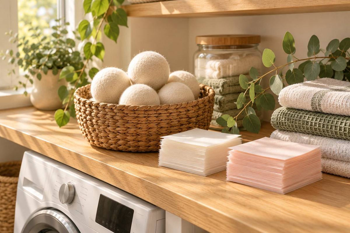 Wool dryer balls and laundry detergent sheets in a bright laundry room