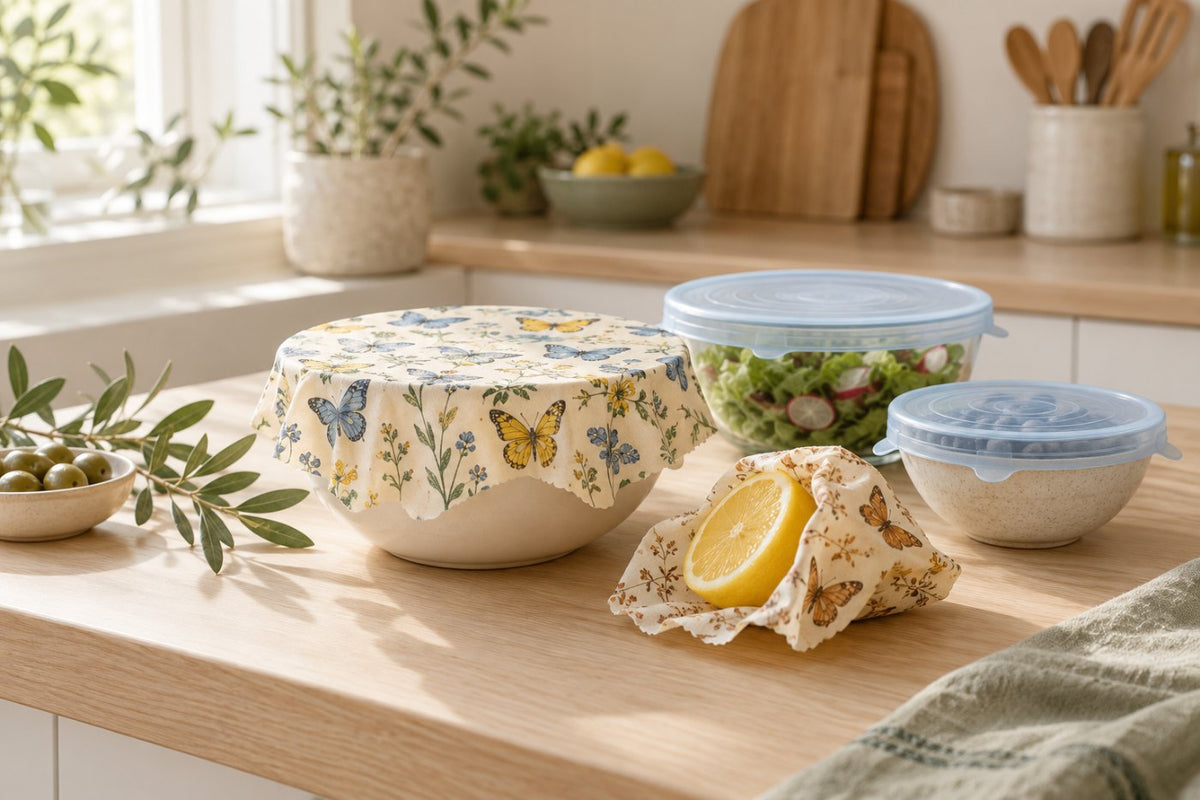 Bowls covered with beeswax wraps and silicone stretch lids on a kitchen counter