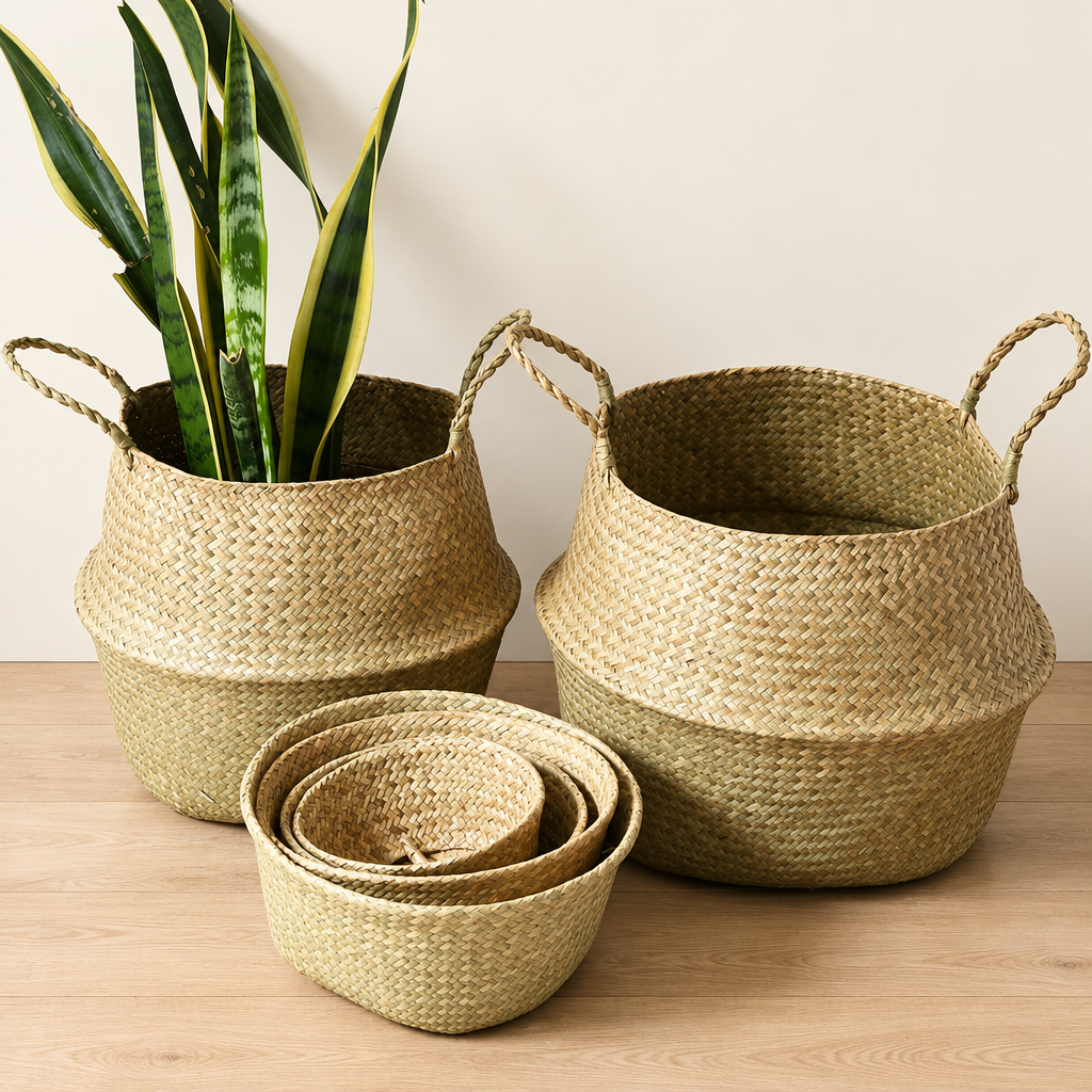 Woven seagrass baskets on a cream background