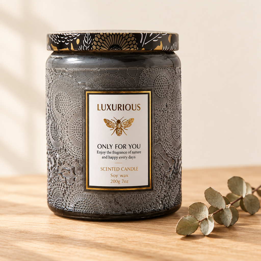 Soy wax scented candle on a cream background
