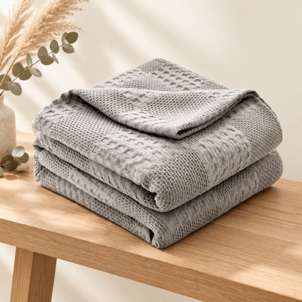 Grey waffle cotton throw folded on a wooden bench