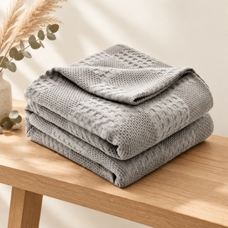 Jeté en coton gaufré gris plié sur un banc en bois