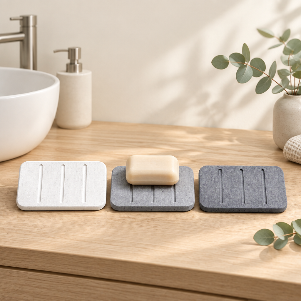 Diatomite soap dishes on an oak counter
