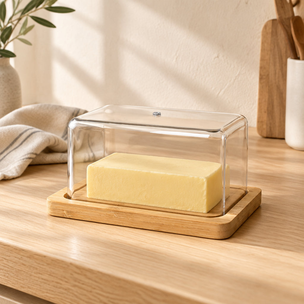 Bamboo butter dish with clear lid on an oak counter