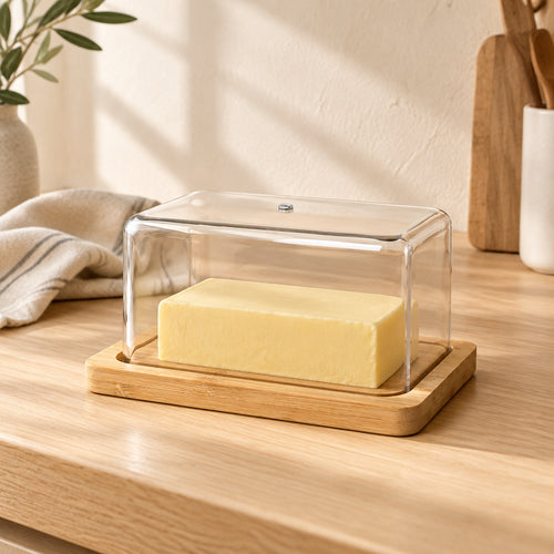 Bamboo butter dish with clear lid on an oak counter