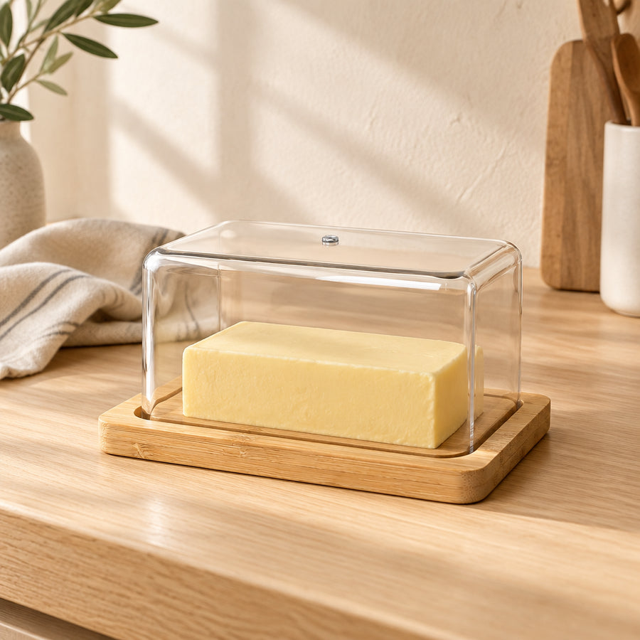Bamboo butter dish with clear lid on an oak counter