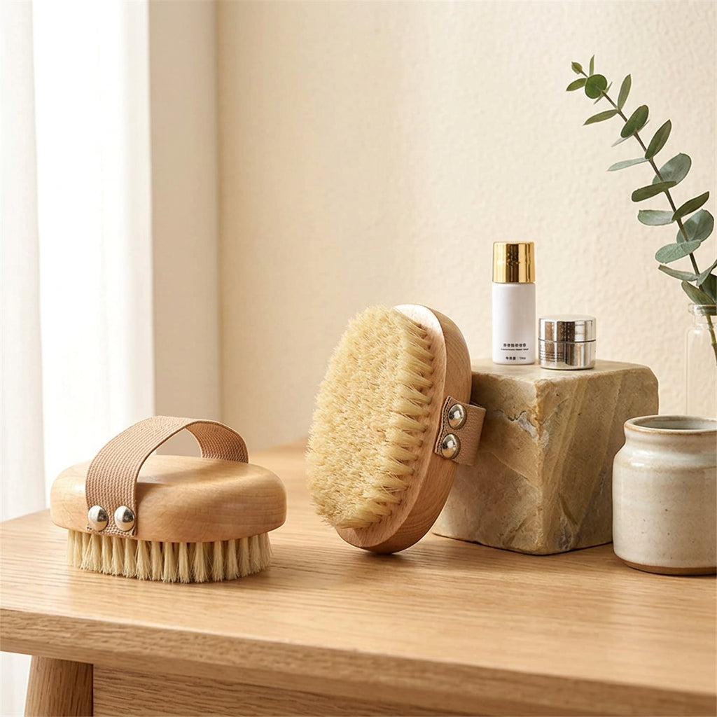 Brosse corporelle en bois et poils naturels sur fond crème
