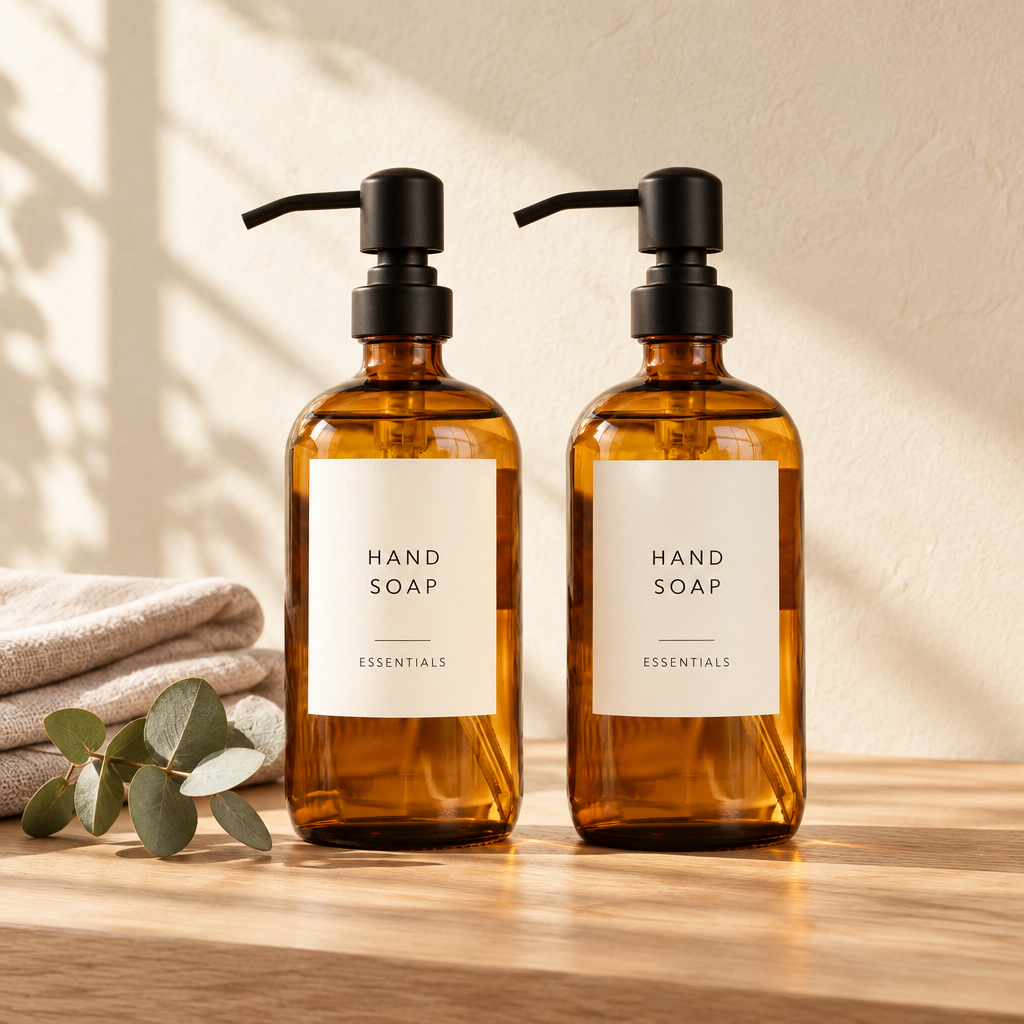 Amber glass soap dispensers, another view