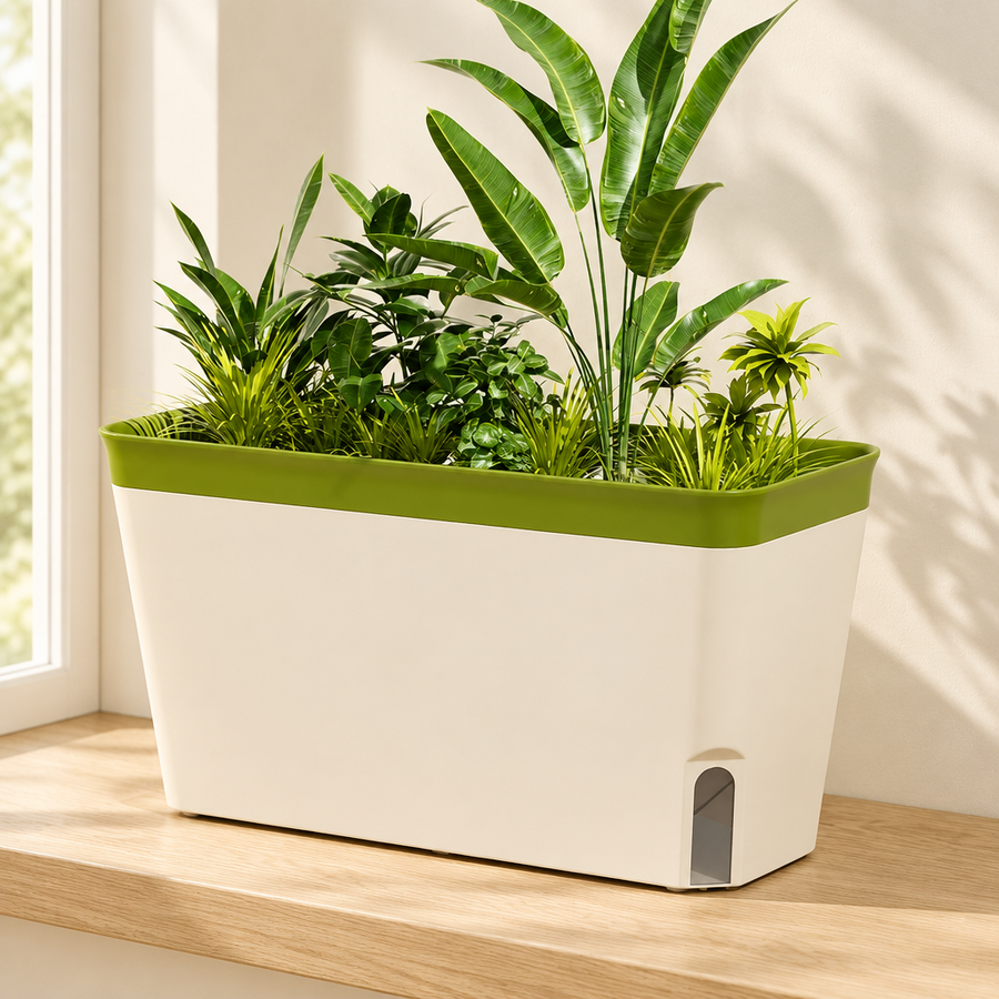 Cream and green self-watering planter on a cream background