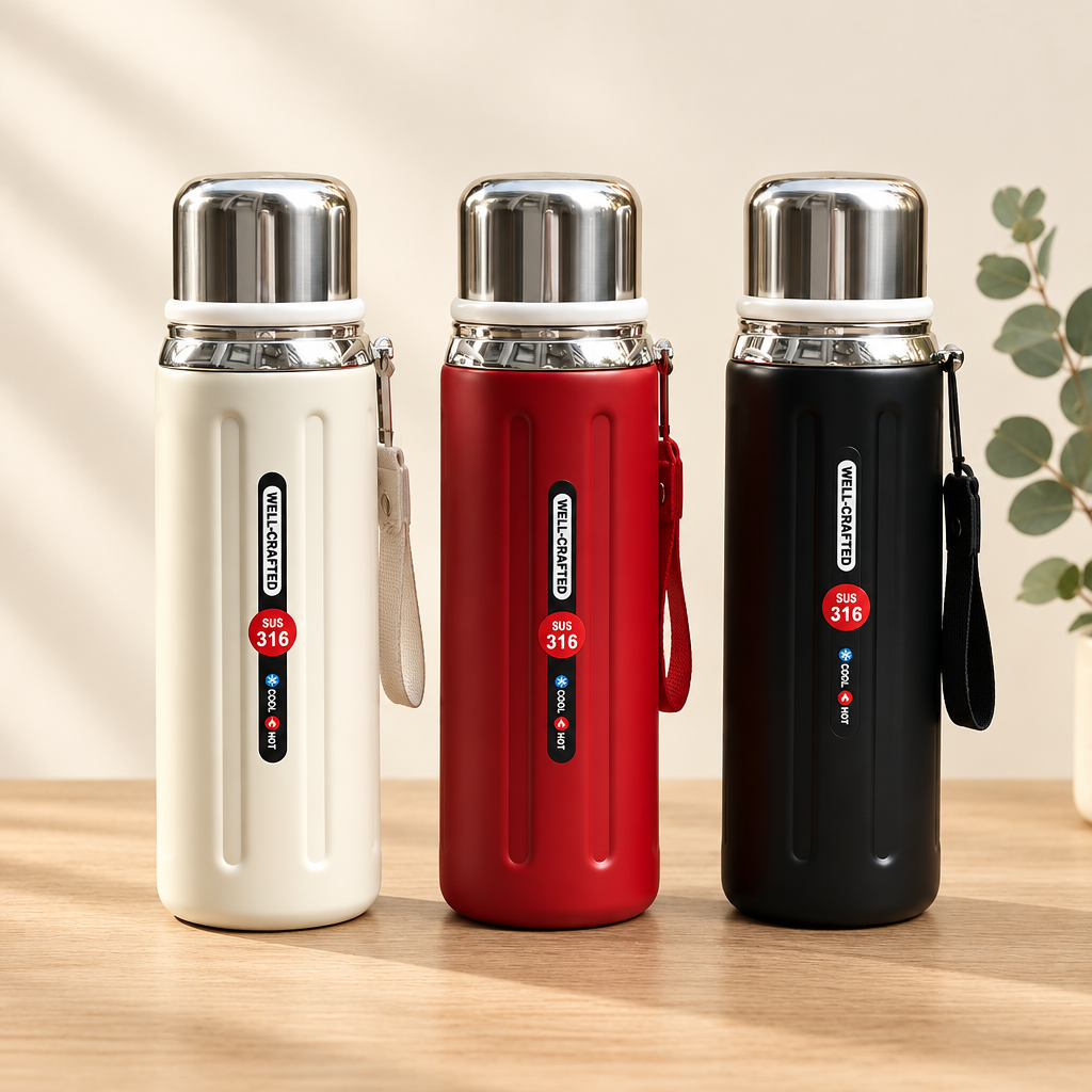 Insulated 316 stainless steel bottles on a cream background