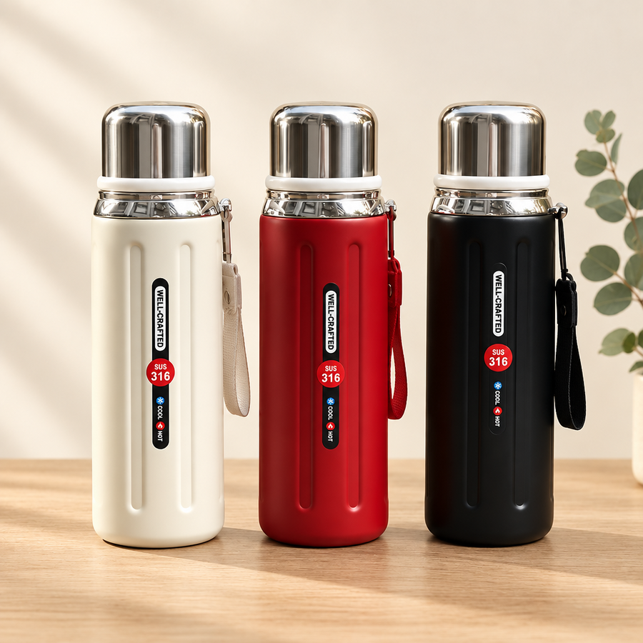 Insulated 316 stainless steel bottles on a cream background