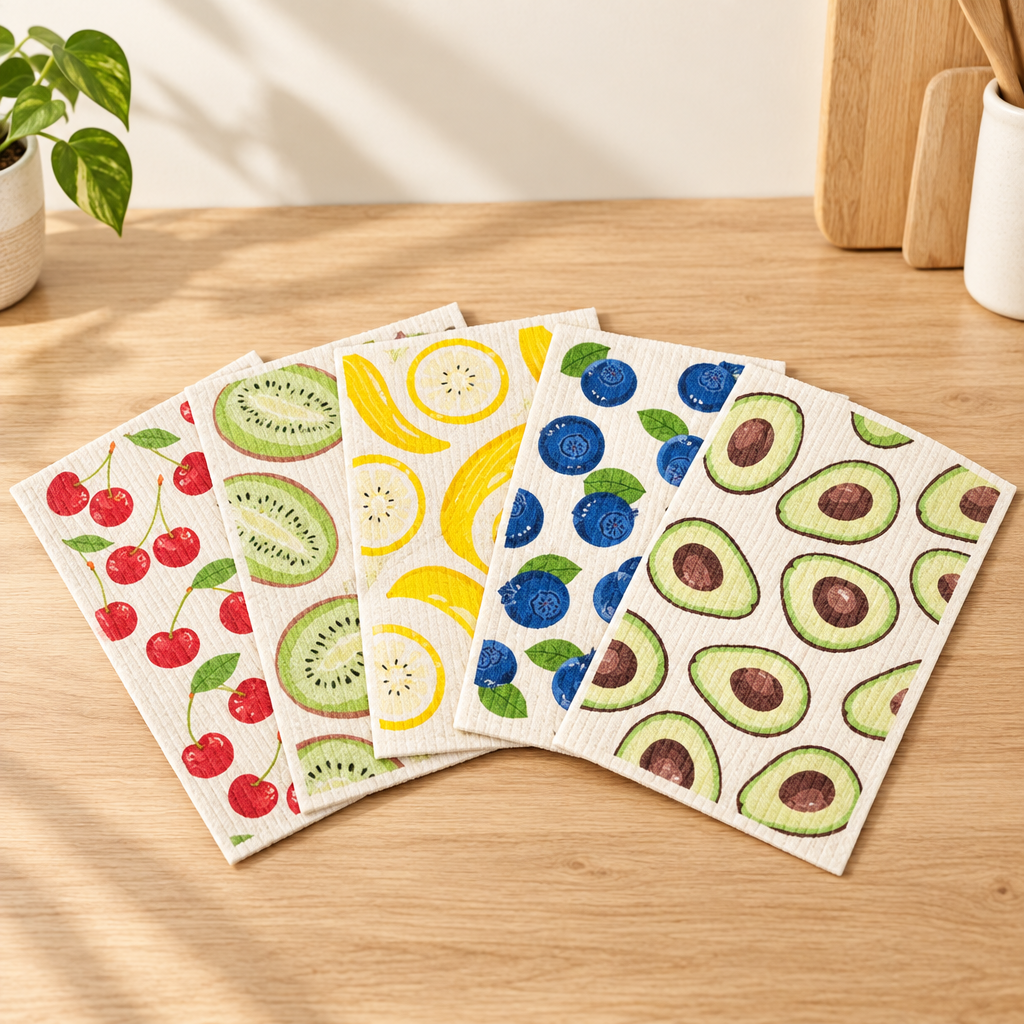 Swedish cellulose dishcloths with fruit prints on a cream background