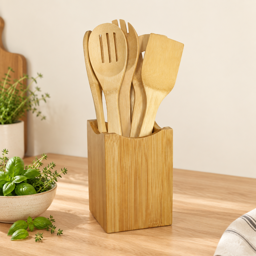 Bamboo spoons and spatulas in their pot on a cream background