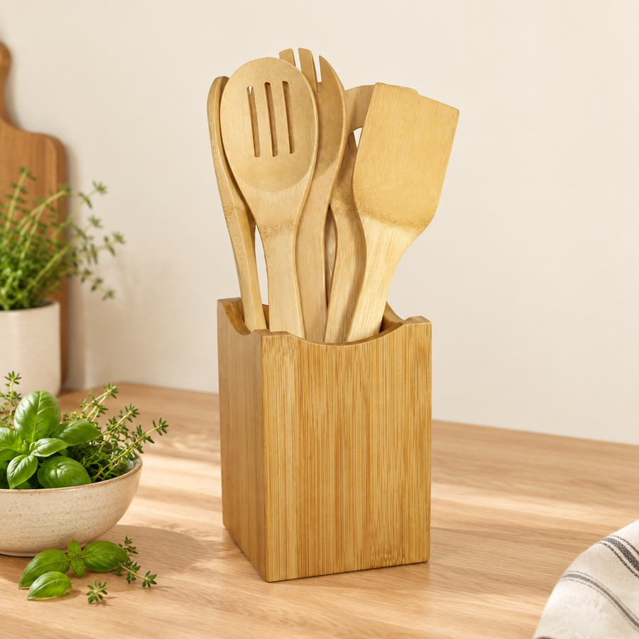 Bamboo spoons and spatulas in their pot on a cream background