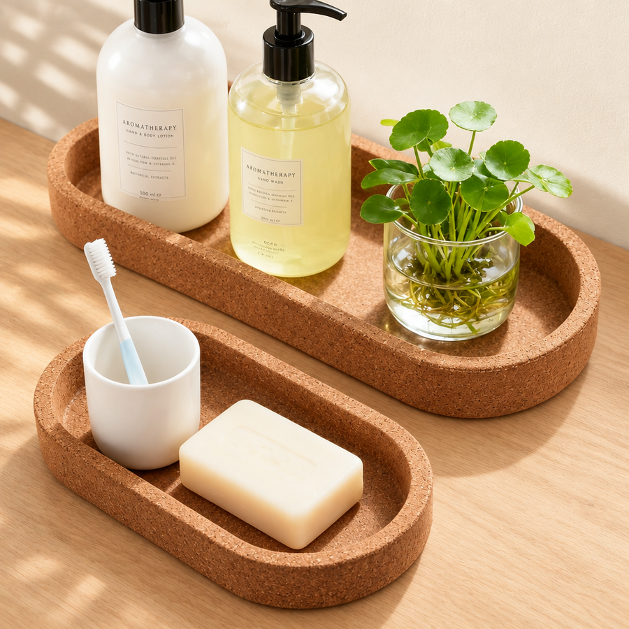 Oval cork trays in a bathroom, cream background