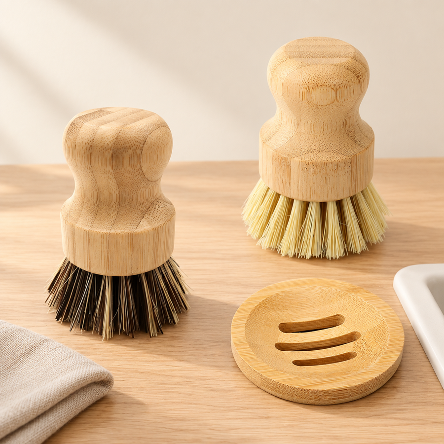 Bamboo dish brushes and soap holder on a cream background