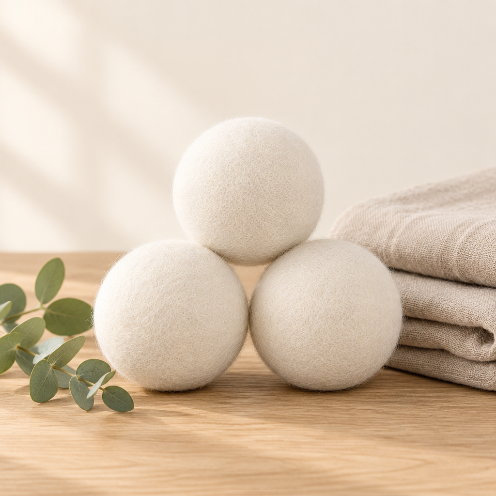 Wool dryer balls with linen on a cream background