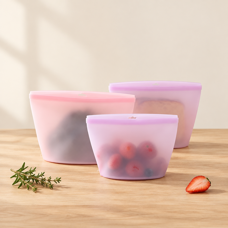 Reusable silicone storage bags on a cream background