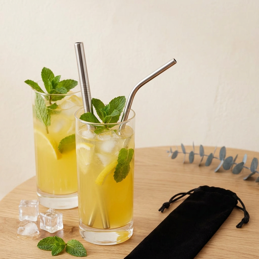 Pailles en inox dans des verres de limonade, sur fond crème