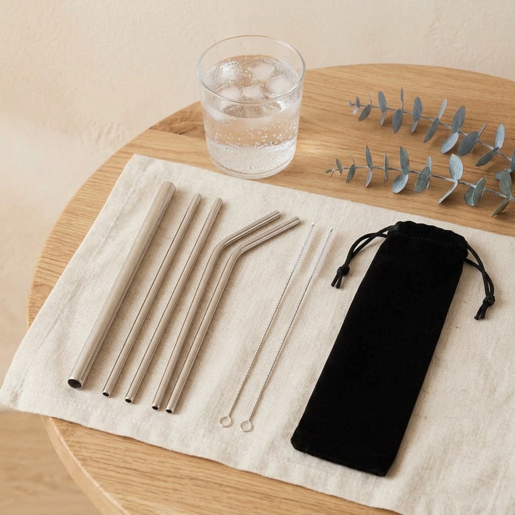 Pailles en inox et pochette vues de dessus sur un linge, sur fond crème