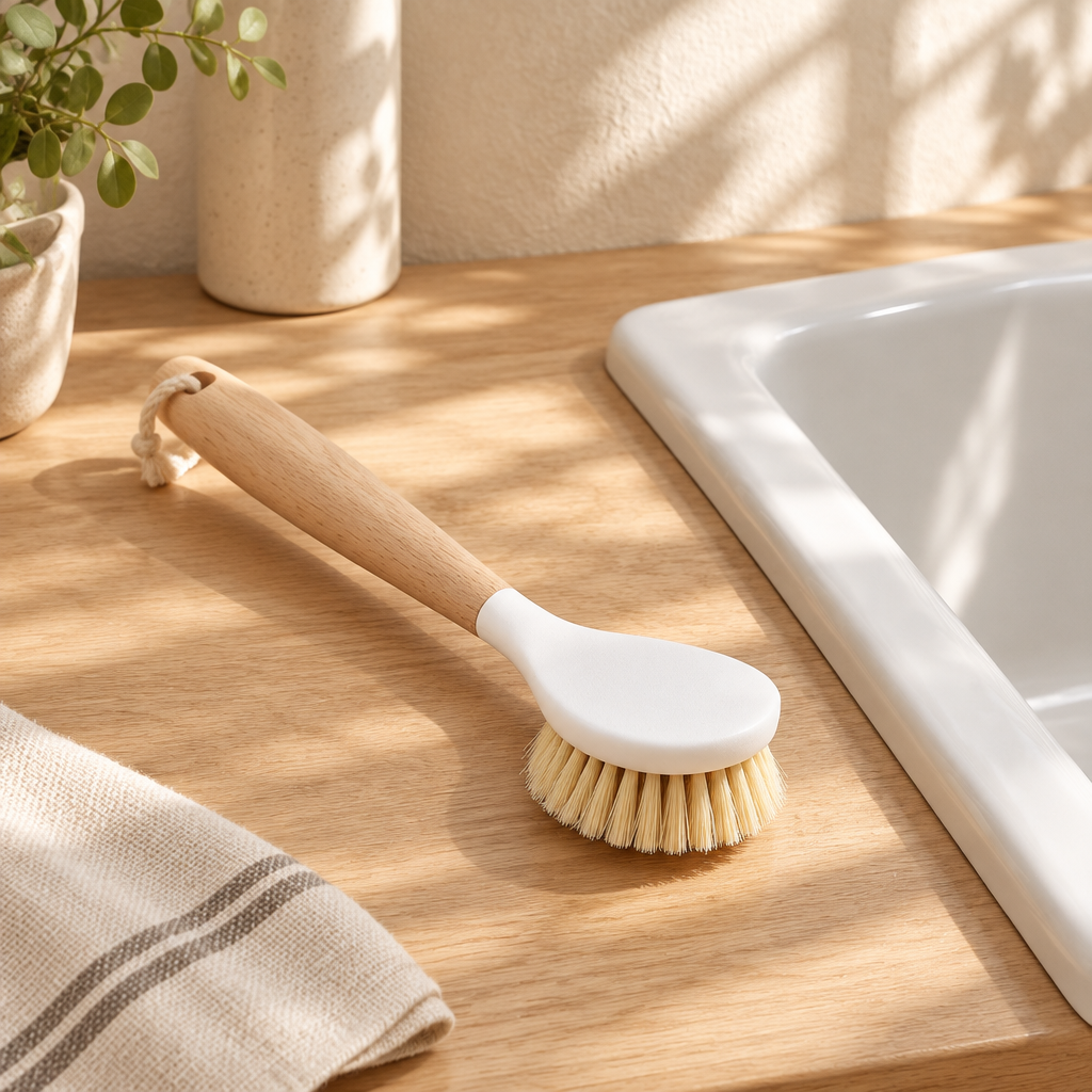 Wooden-handle scrub brush, detail