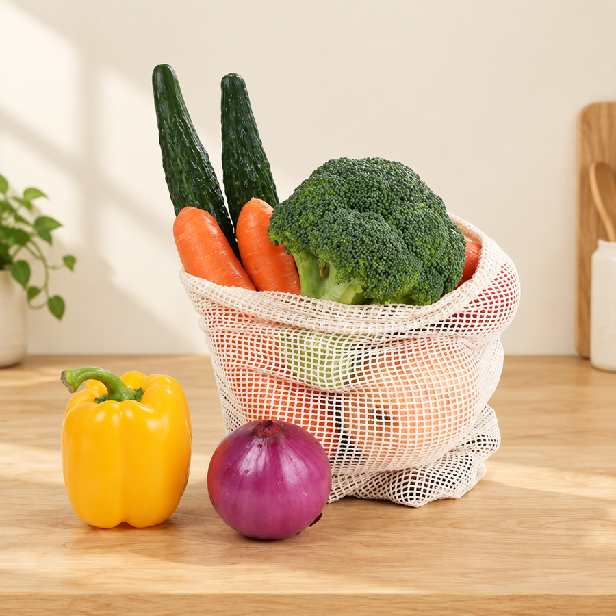 Reusable cotton mesh produce bag filled with vegetables