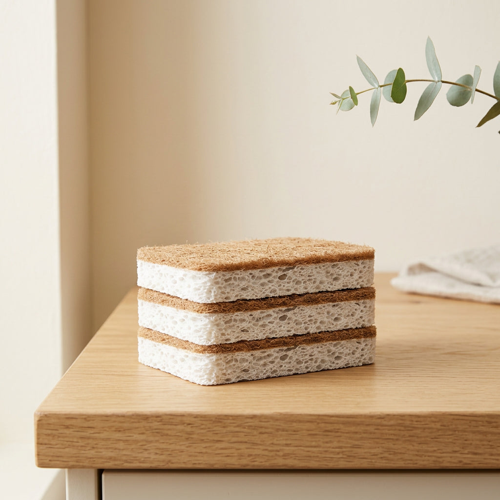 Éponges compostables en cellulose et coco sur fond crème