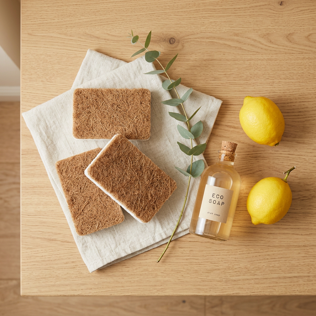 Éponges en cellulose et coco vues de dessus sur un linge, sur fond crème