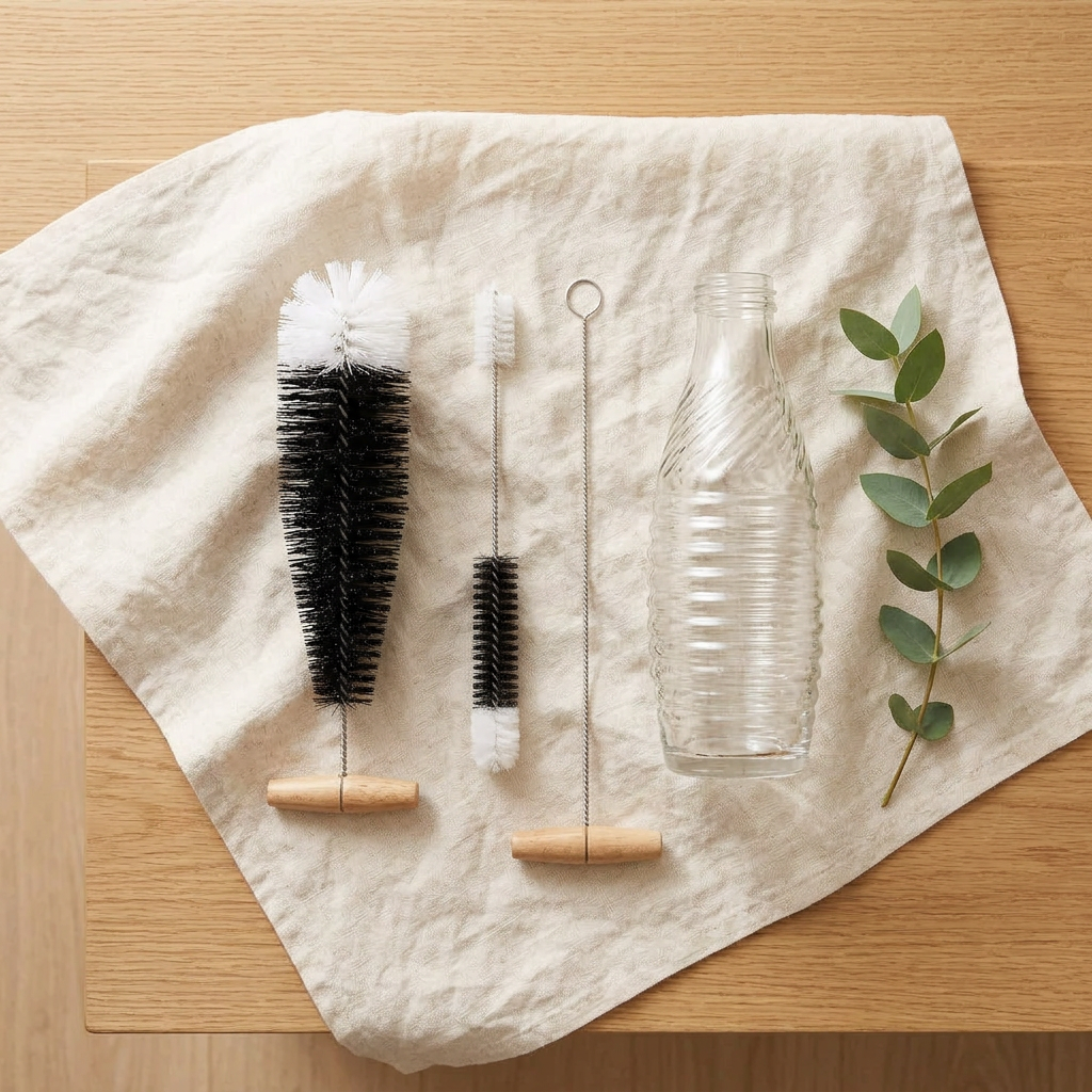 Goupillons à manche en hêtre vus de dessus sur un linge, sur fond crème