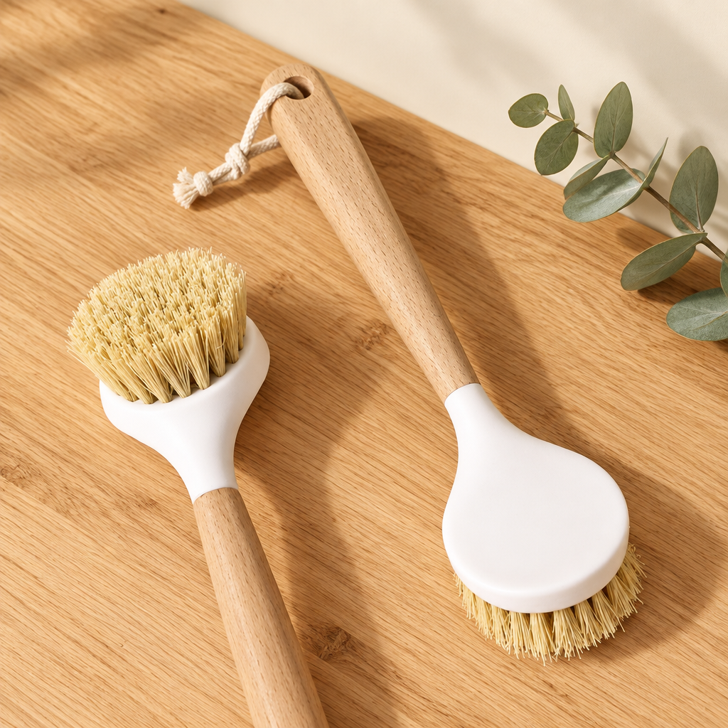 Wooden-handle scrub brushes on a cream background