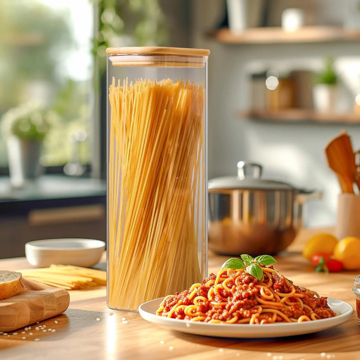 Pantry canisters holding spaghetti