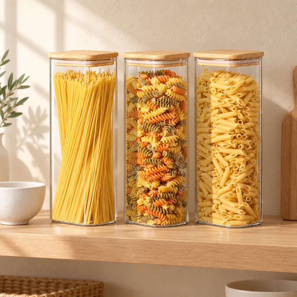 Stackable pantry canisters with bamboo lids on an oak shelf