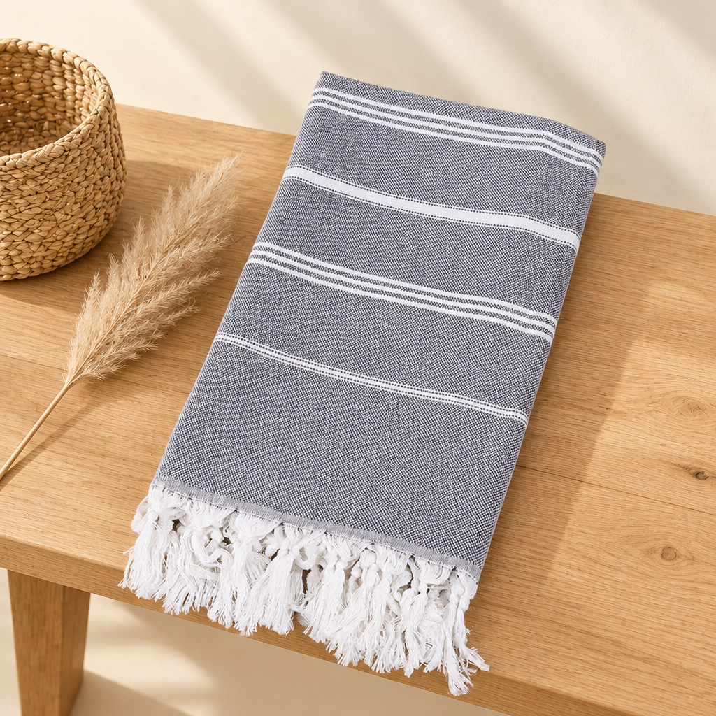 Grey Turkish-style beach towel folded on a cream background
