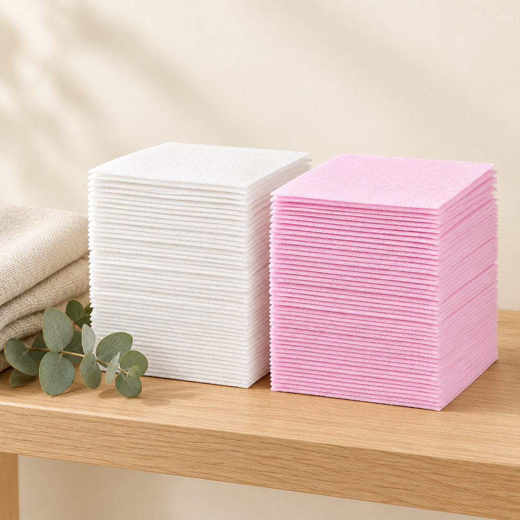 Concentrated laundry sheets, white and pink, on a cream background