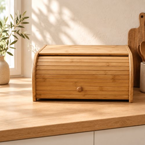 Closed bamboo bread box on a wooden counter